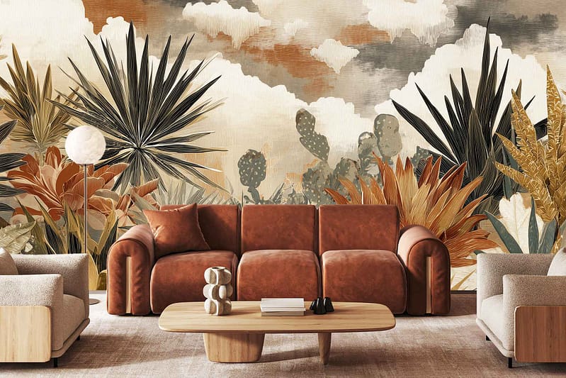 Large botanical mural wallpaper with abstract plant motifs and cloud shapes in earthy tones like olive green, terracotta, beige, and muted gold; features bold organic lines and layered natural forms.