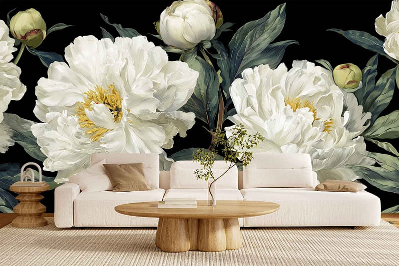 Oversized white peony flowers with green leaves on a black background wallpaper, bold floral mural design.