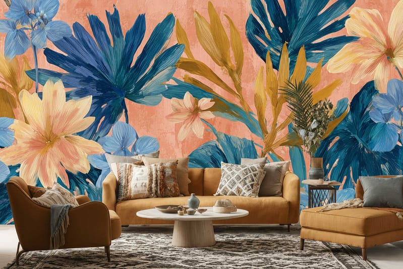 Colorful floral mural wallpaper with bold blue, yellow, and peach leaves and flowers on a peach background.