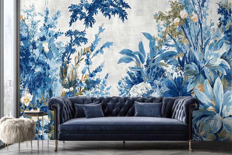 Large blue and white floral wallpaper mural featuring ocean-inspired patterns and tranquil hues.