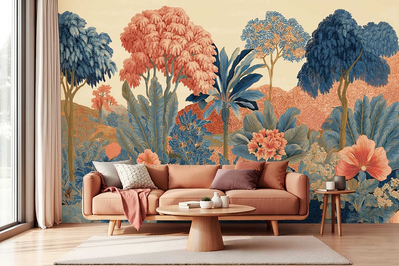 Vibrant wallpaper mural with bold tropical trees and plants in orange, blue, and green. The design features lively botanical elements that stand out as the main visual focus of the wall.