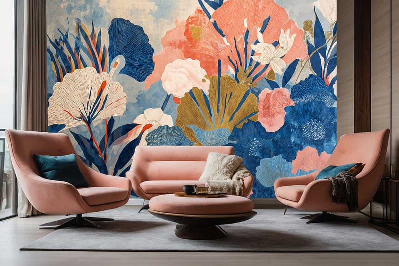 Large floral wallpaper mural in blue, pink, and gold tones with striking flowers and bold patterns; decorative wall art features vivid colors and standout botanical elements.