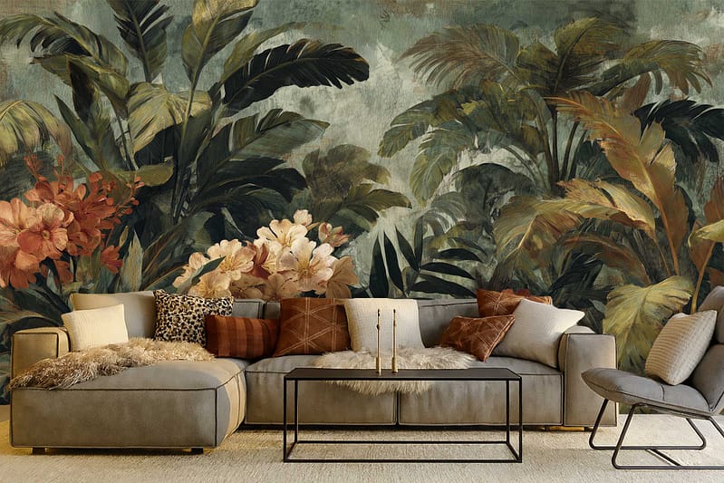 Botanical mural wallpaper showcasing large green and orange leaves and flowers, inspired by Operation Lush style. Bold, vibrant plant elements dominate the design with leafy patterns and floral accents in vivid green and orange tones.
