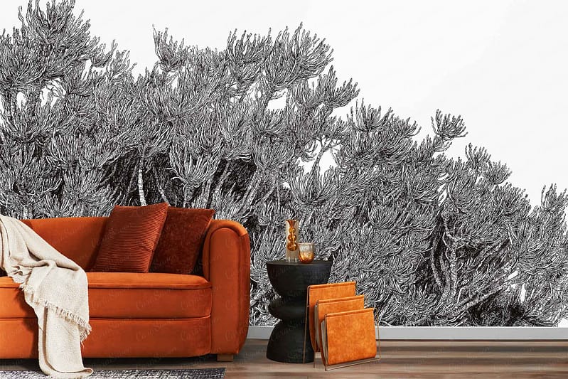 Large black-and-white botanical mural wallpaper featuring detailed plant illustrations in monochrome hues.