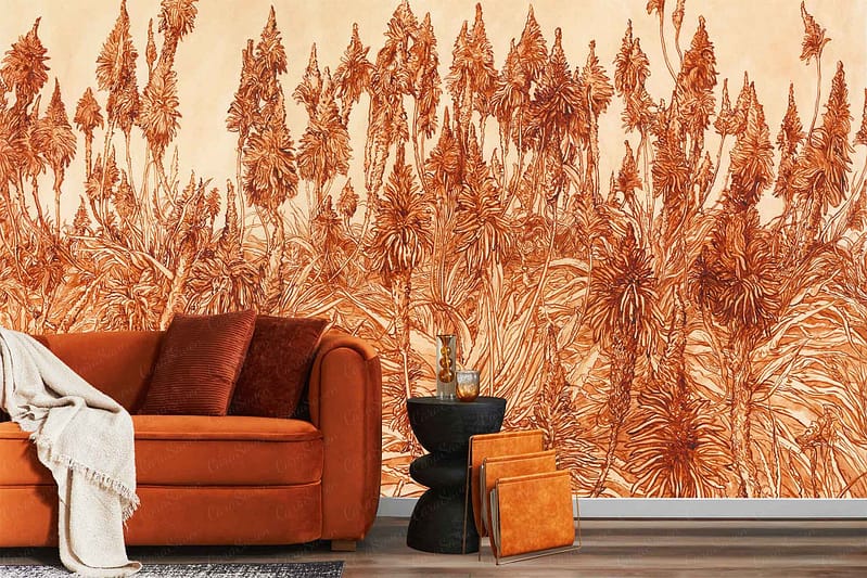 A large rust-colored botanical mural with tall plant motifs decorates the wall. The mural features earthy tones and detailed plant shapes, making it a bold wallpaper choice for the room.