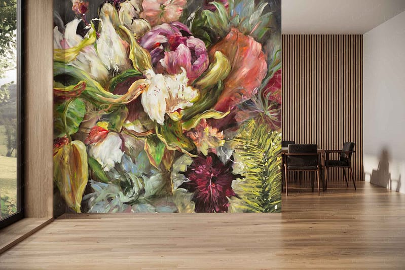 Floral Wonder mural wallpaper with bold, colorful flowers in pink, red, orange, yellow, and green hues dominates one wall; large floral patterns and vibrant designs ideal for making a statement.