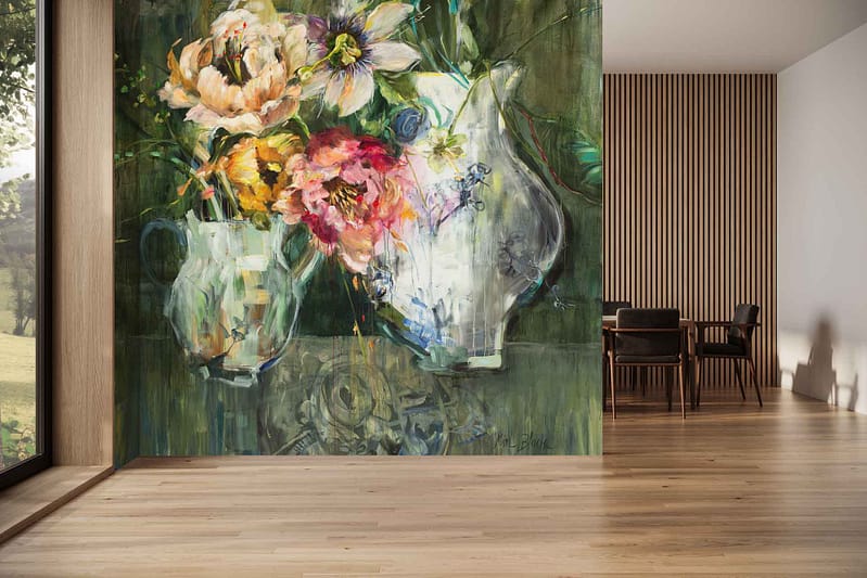 Wallpaper features a vibrant Floral Wonder design with vases and various colorful flowers, showcasing bold pinks, greens, yellows, and blues on a neutral wooden backdrop.