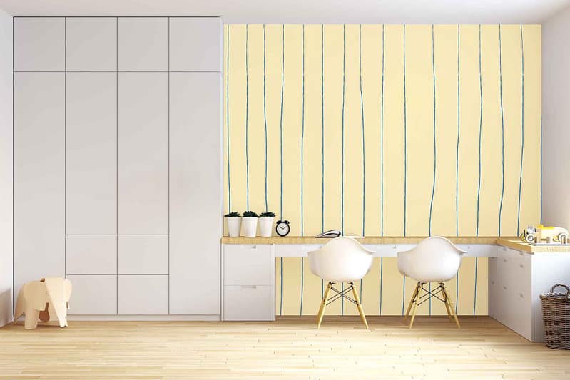 Yellow wallpaper with thin, wavy blue vertical stripes.