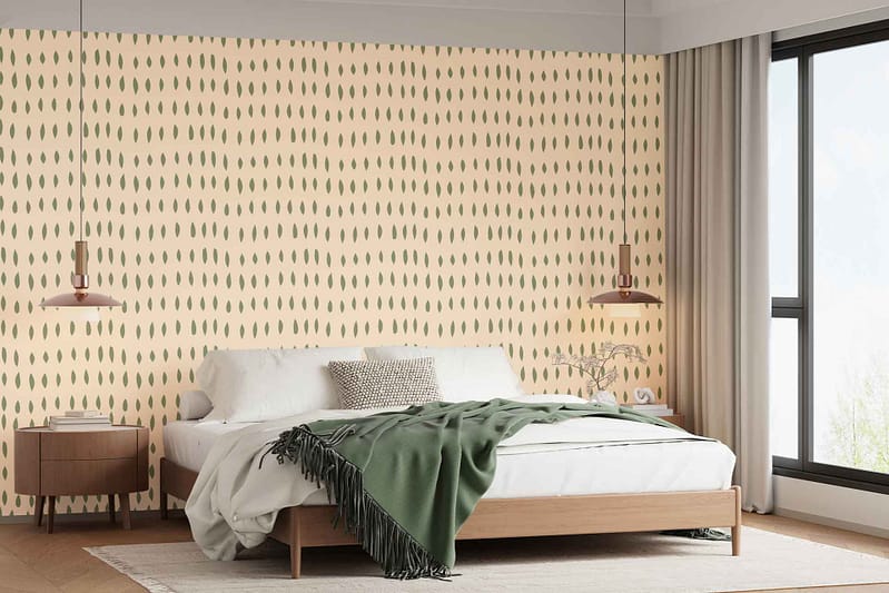 Beige and green abstract dot pattern wallpaper features prominently, adding visual interest with its organic shapes and soft hues. The design includes clusters of rounded dots in varying sizes, combining earth tones and fresh green shades for a modern look.