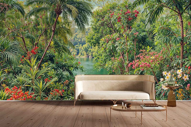 Wallpaper features a vibrant tropical jungle scene with rich green trees, lush palms, and striking red flowers beside a serene blue lake.