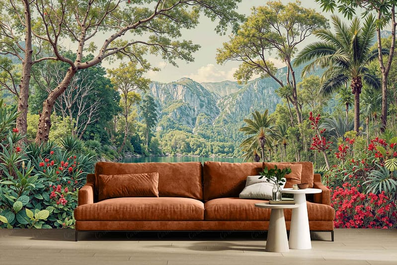 Vibrant wall mural featuring a lush tropical landscape with green trees, colorful flowers, and distant blue mountains. The wallpaper showcases rich botanical elements in vivid hues for a lively accent wall.