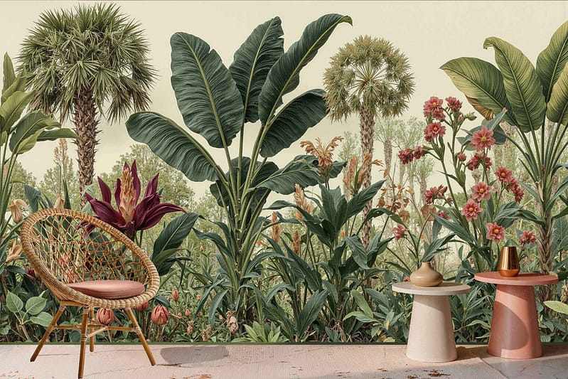 Wallpaper with lush tropical plants, green palm trees, and pink flowers featuring vibrant greens and pinks.