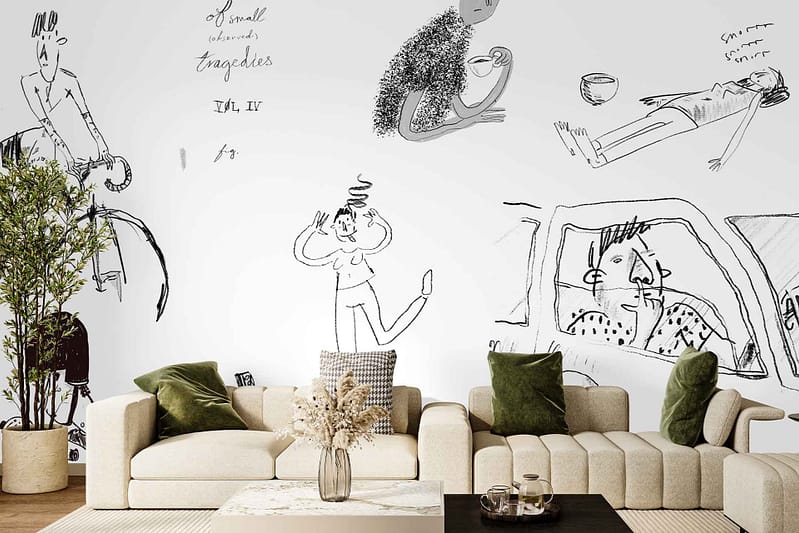 Large wall mural of whimsical black-and-white doodles featuring people, a monkey, and abstract shapes. The design is monochrome with playful, artistic elements prominently displayed on the wallpaper.