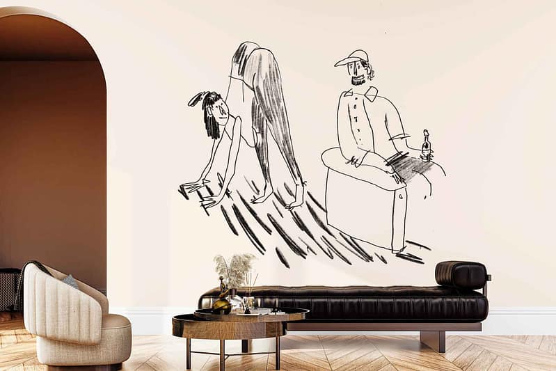 Wall mural in Vino Veritas style featuring a woman cleaning and a man seated on a box holding a drink, both rendered with bold lines and expressive colors including deep reds, earth tones, and muted blues.