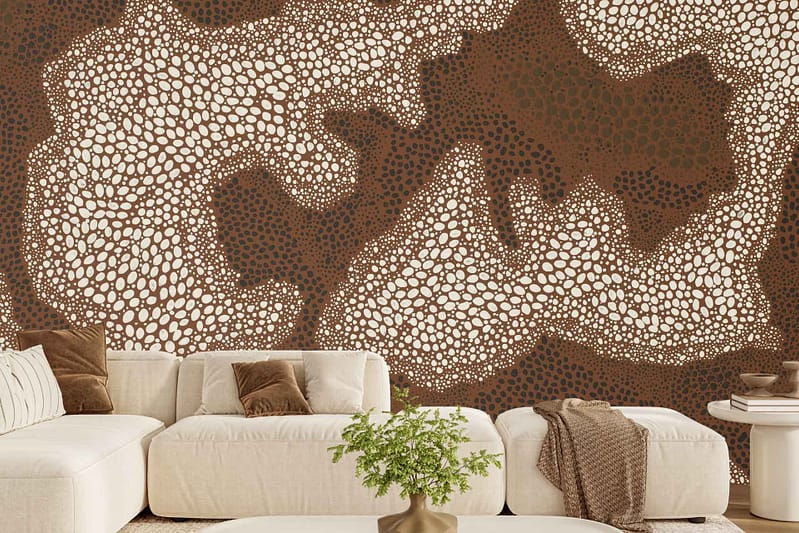 Abstract wallpaper with organic ebony root-inspired design, featuring brown and white dotted patterns. The wall displays flowing shapes and contrasting colors, emphasizing natural forms in brown and white.