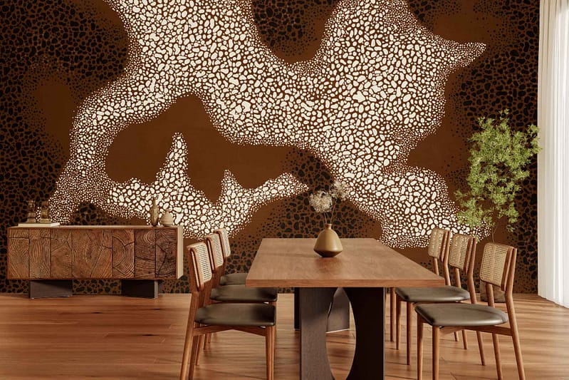 Brown and white abstract patterned wallpaper with bold shapes and dynamic lines stands out in the dining room, featuring earthy brown tones contrasting against crisp white.