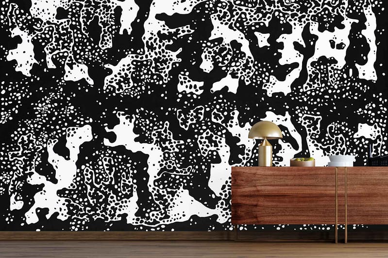 Black and white wallpaper featuring abstract, organic and cellular-like patterns; bold monochrome design with high-contrast shapes.