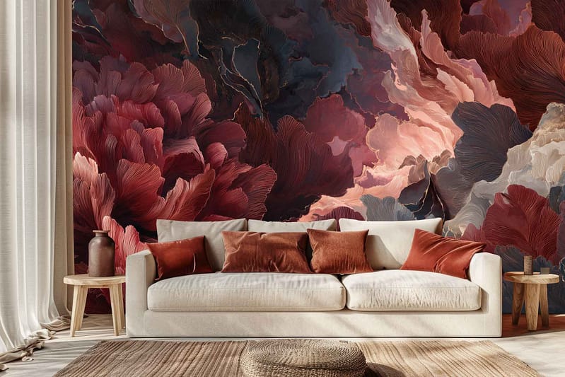 Dramatic Palm Fantastic floral wallpaper features deep red, pink, and dark tones with bold palm leaves and lush floral elements.