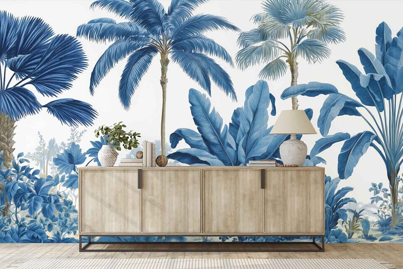 Blue tropical palm tree wallpaper with vibrant botanical patterns and palm leaf motifs; features rich blue tones and lush greenery, creating a lively, exotic backdrop.