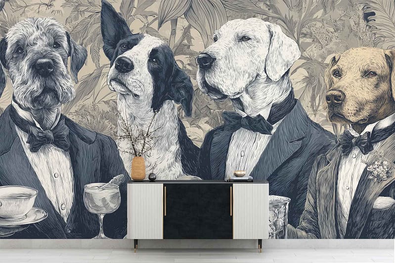 Monochrome wallpaper featuring detailed drawings of four tuxedo-clad dogs; two with teacups, one with a boutonnière. Playful, whimsical dog motif in elegant black-and-white line art.