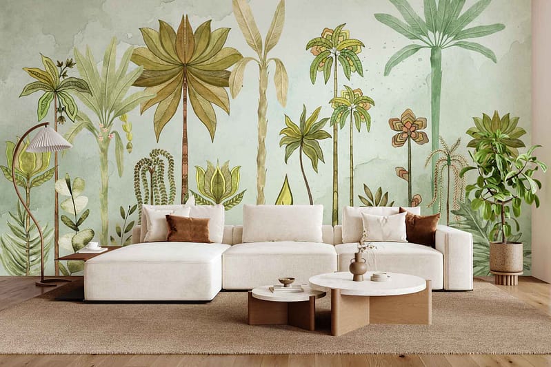 Wallpaper with illustrated tropical plants in varying green tones, featuring leafy patterns and botanical elements. The design is vibrant and playful, dominated by shades of green, perfect for search terms like "tropical mural," "green botanical wallpaper," or "illustrated plant wall art.
