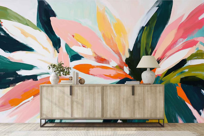 Palm Fantastic wallpaper with bold abstract floral brushstrokes in pink, orange, yellow, green, and white; vibrant modern mural with eye-catching botanical elements.