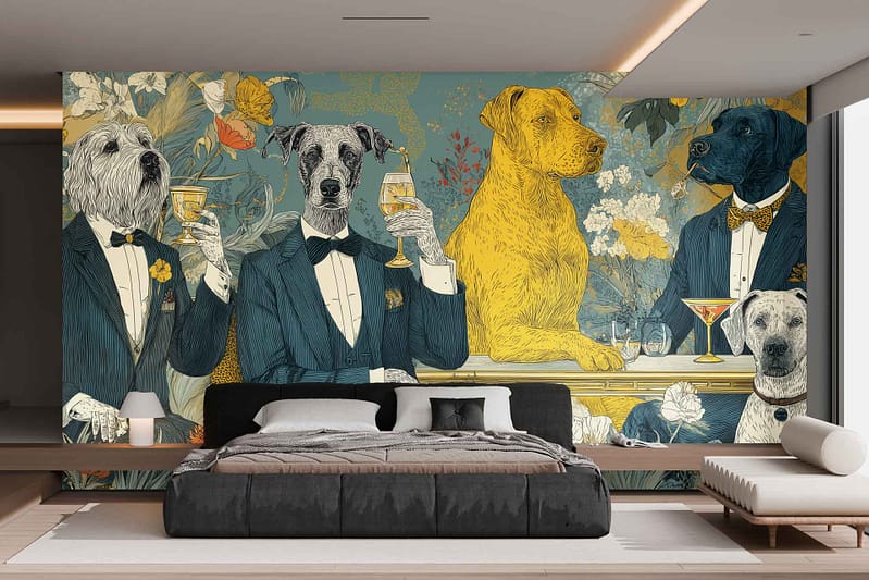 Wallpaper features a vibrant floral pattern with blue, yellow, and green tones.