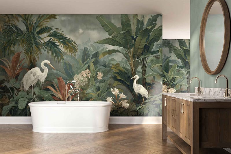 Wallpaper mural titled "Walk in the Grove" featuring lush tropical plants and white herons, with rich greens and soft whites as dominant colors behind the bathtub.