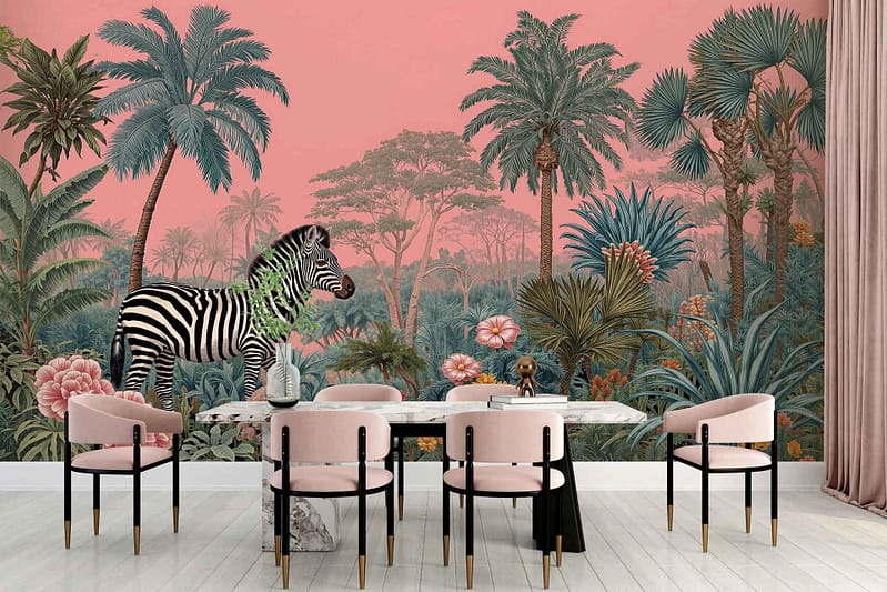 Wallpaper features a large mural with a zebra, lush tropical plants, and tall palm trees set on a pink background.