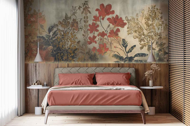 Large floral mural wallpaper with prominent red and green tones, featuring soothing botanical elements. The design showcases bold flowers and leafy patterns in modern colors, creating a focal point behind the bed.