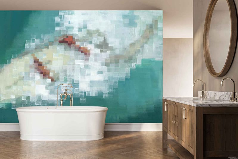 Teal abstract pixel mural wallpaper featuring varying shades of teal and aqua squares, creating a modern geometric pattern behind the bathtub.