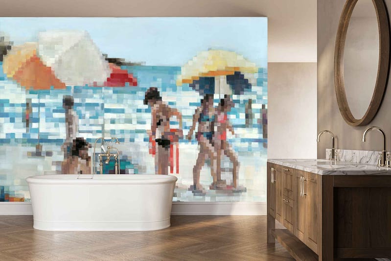 Large pixelated wall art titled "Where Water Forgets" featuring vibrant colors, people at a beach, and colorful umbrellas; artwork emphasizes bold blocks of blue, yellow, red, and beige.