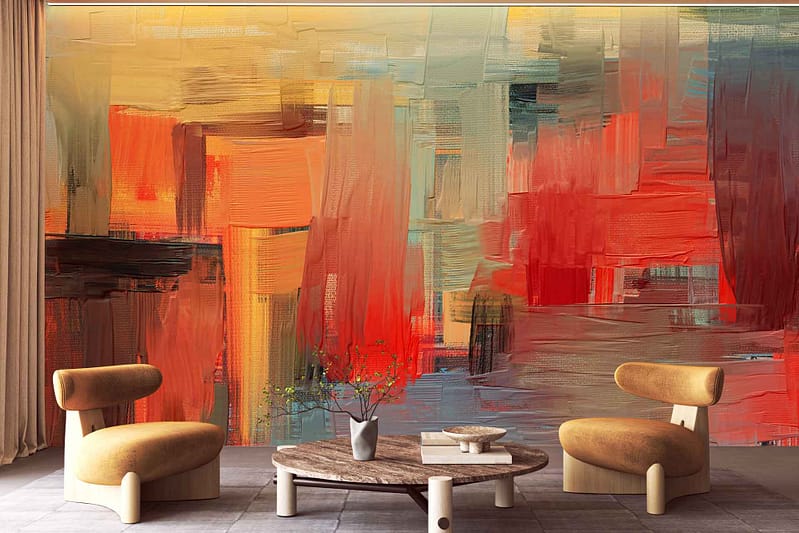 The wallpaper features a striking mural with bold red, orange, yellow, and blue brushstrokes in an abstract, canvas-inspired design.