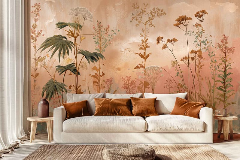 Large wall mural with delicate botanical designs in warm earthy tones, featuring intricate plant motifs and artistic leaves in shades of beige, brown, and rust.