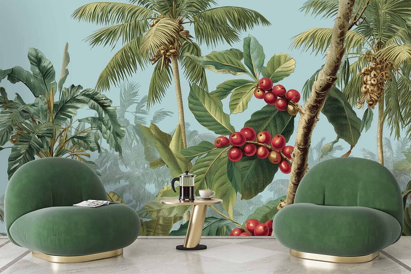 Wallpaper features a mural of lush tropical palm leaves and coffee plant branches with vibrant red berries, showcasing rich greens and pops of red.