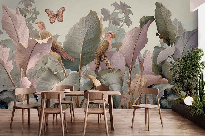Large tropical leaf wallpaper featuring vibrant green leaves, two colorful birds, and a butterfly on a lush botanical background.
