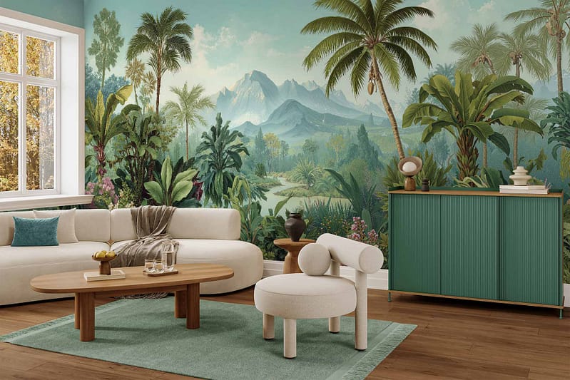 Tropical jungle mural wallpaper with lush green leaves, exotic plants, and vibrant botanical patterns in various shades of green dominates the living room wall.