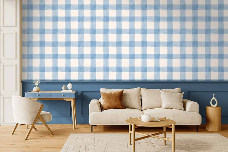 Blue and white plaid wallpaper with intersecting stripes adds a classic, patterned touch to the living room wall. The bold blue hues and clean white tones in the plaid design stand out as key decorative elements.