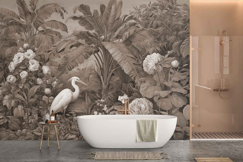 Tropical mural wallpaper featuring bold green leaves, vibrant flowers in various colors, and a detailed heron. The design is lush and colorful, creating a lively jungle atmosphere on the bathroom wall.