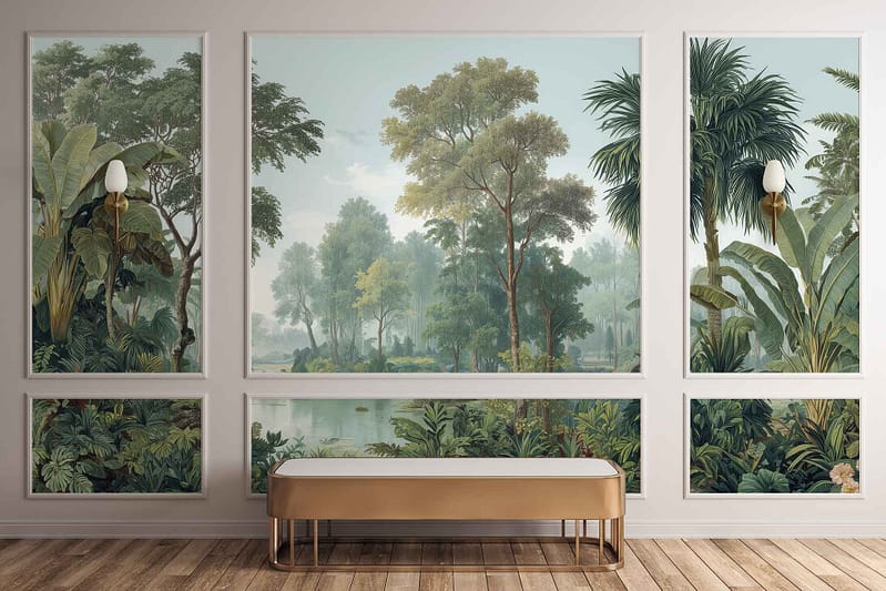 Large wall panels display a vibrant mural of a lush green tropical forest, featuring varied shades of green foliage and leafy patterns. The wallpaper showcases detailed plants, leaves, and jungle vegetation in rich greens on a neutral background.
