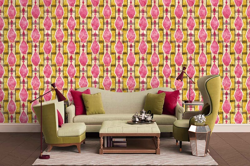 Bold wallpaper with geometric patterns in pink and yellow covers the wall, featuring striking shapes and vibrant colors that stand out in the room.