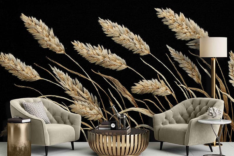 Large black wall mural adorned with golden wheat stalks; features dark background and vibrant gold botanical elements.