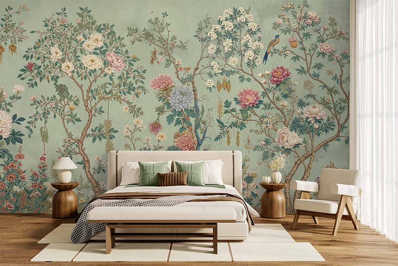Wallpaper mural featuring flowers, trees, and birds in soft, natural colors; botanical elements and delicate avian illustrations create a serene, nature-inspired backdrop.