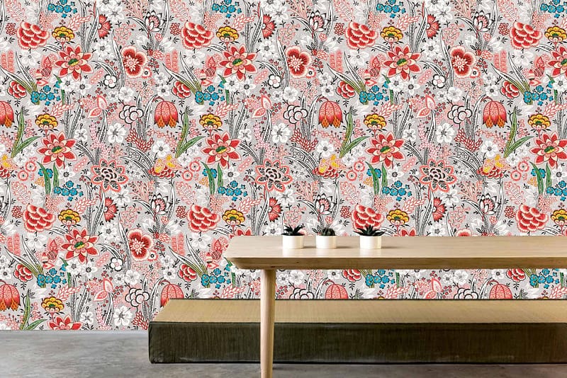 Colorful, intricate floral-patterned wallpaper with shades of red, pink, blue, and green on a white background.