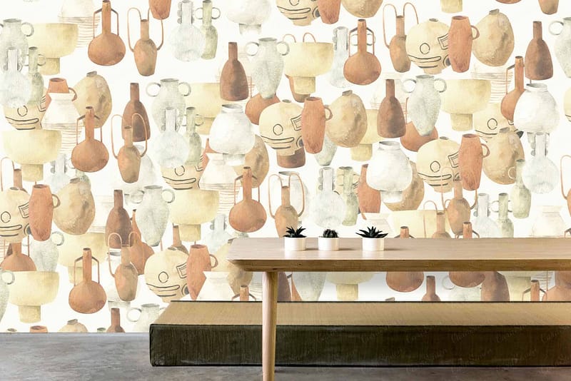 The wallpaper features a vibrant, patterned design with abstractly illustrated vases. Colors include earthy tones of beige, brown, and terracotta.