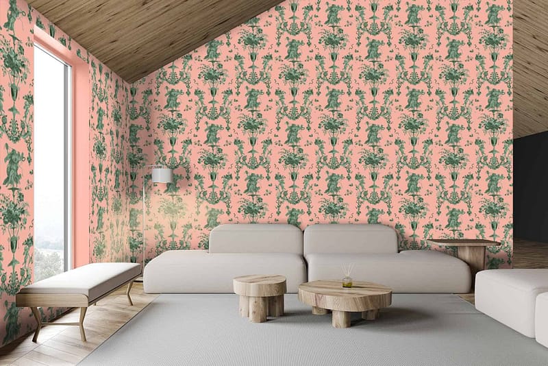 The coral-colored wallpaper features green floral arabesque patterns.