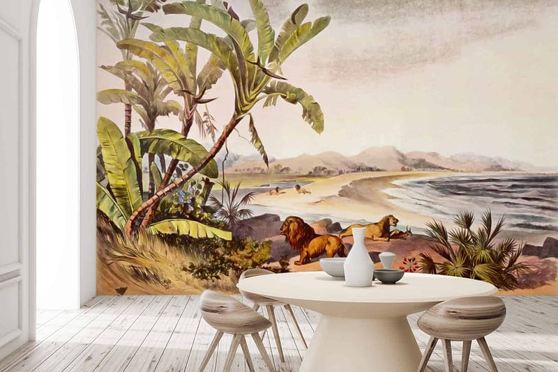 The wallpaper features a tropical beach scene with vivid palm trees and lounging lions. It showcases colors like vibrant greens, sandy yellows, ocean blues, and natural earth tones, creating an exotic, serene atmosphere.