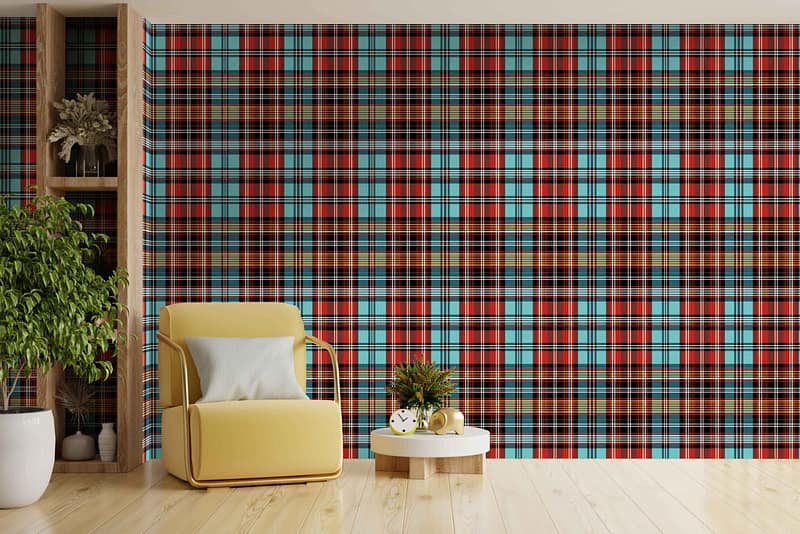 This cozy living room features a vibrant wallpaper with a red, blue, and black plaid pattern. The plaid design brings together bold hues of red and blue intersected by striking lines of black.