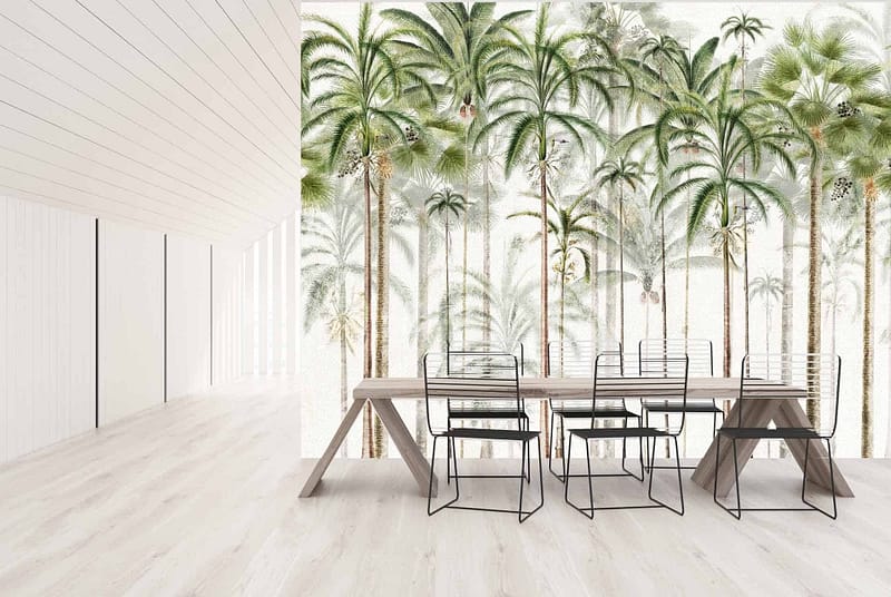 Large wall mural featuring the tallest tree among tall palm trees. Elements: towering palm trees, lush green fronds, rich earthy browns of the tree trunks. Colors: vibrant greens, deep browns, and subtle blue sky accents.