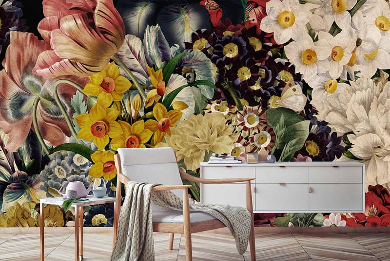 A brightly colored wall mural featuring various European flowers dominates the room. The mural showcases daffodils, tulips, and pansies in vivid hues. Expect a rich palette of yellows, reds, purples, and greens to capture the lively essence of a European garden in full bloom.